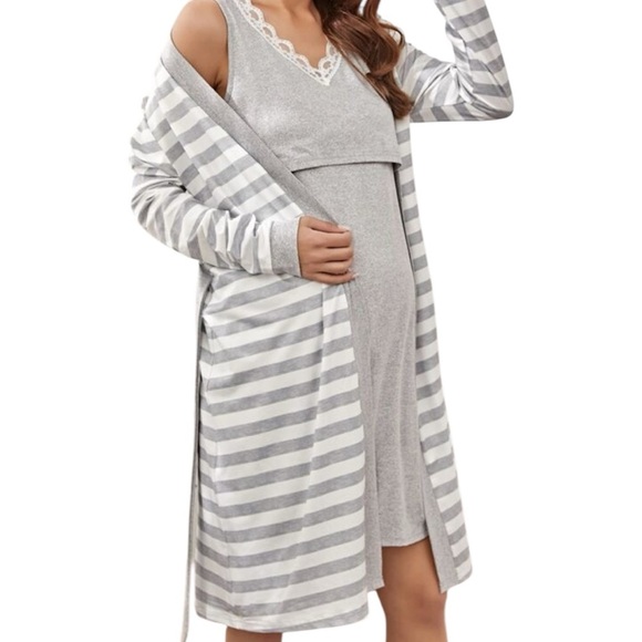 Maternity Nursing Nightgown with Striped Robe – Post Partum Sleepwear Set Medium - Picture 2 of 15